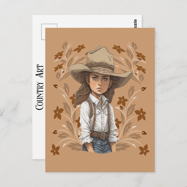 Country Art Cowgirl Cowboy Hat Pose With Flowers Postcard (Front/Back)