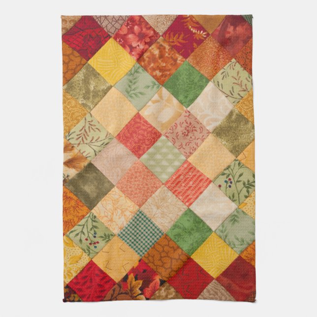 Country Autumn Diamond Patchwork Pattern Tea Towel (Vertical)