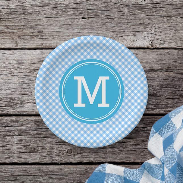 Country Baby Blue Gingham Personalise Monogram Paper Plate (Creator Uploaded)