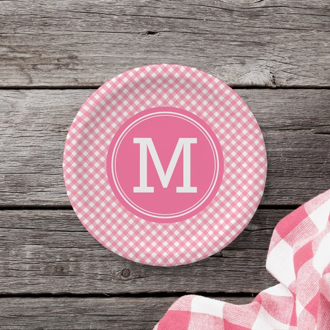 Country Baby Pink Gingham Personalise Monogram Paper Plate (Creator Uploaded)