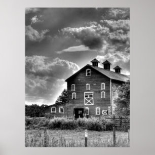 Country Barn Clouds in Black and White Poster