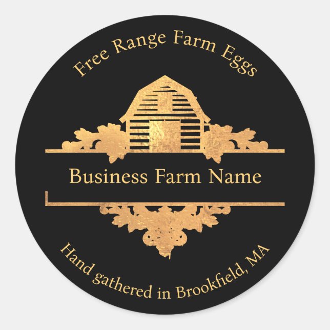 Country Barn Farmhouse Gold and Black Classic Round Sticker (Front)