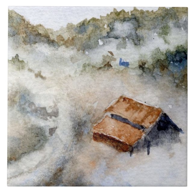 Country barn in fog filled valley farm ceramic tile (Front)