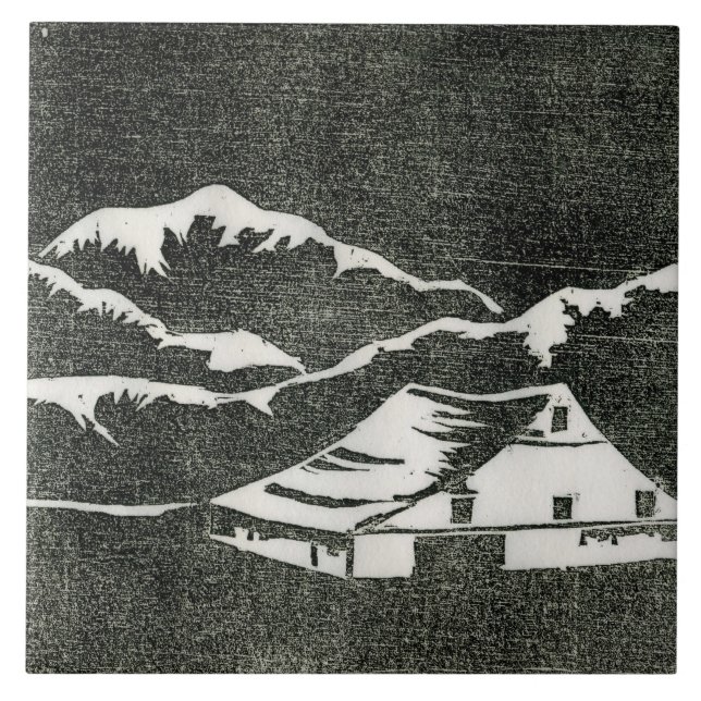 Country barn in white on black background print ceramic tile (Front)