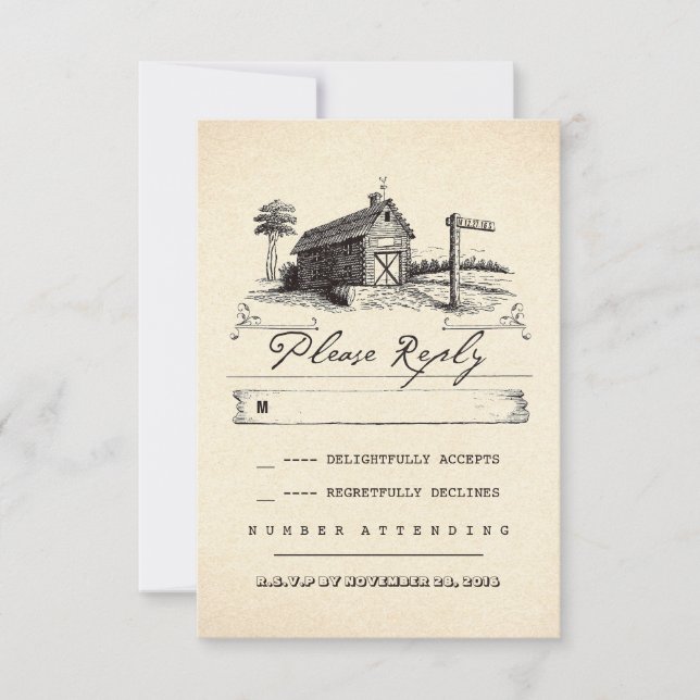 Country barn rustic wedding RSVP cards (Front)