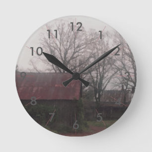 Country Barn Rustic Winter Scene Autumn Americana Round Clock