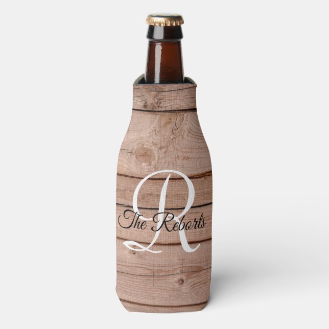 Country Barn Rustic Wood Monogram Bottle Cooler (Bottle Front)