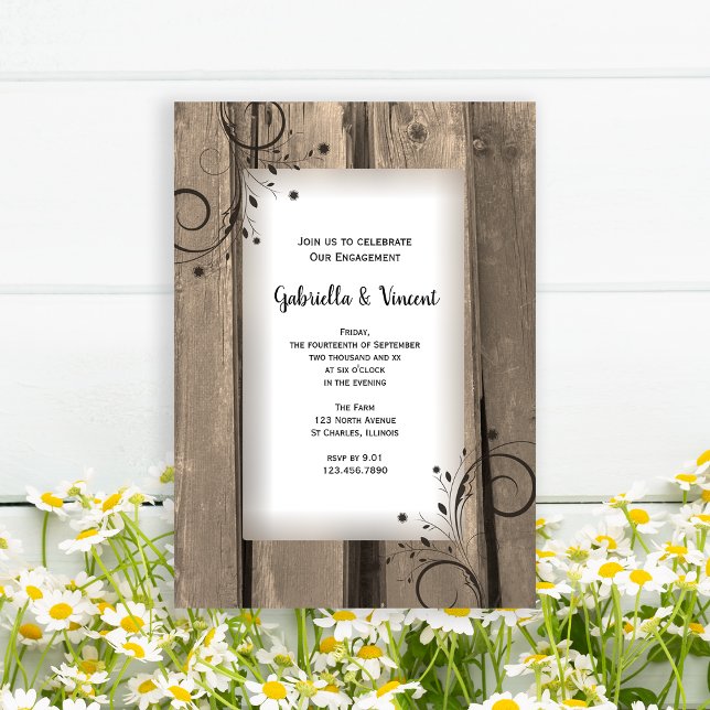 Country Barn Wood and Flowers Engagement Party Invitation (Invite guests to your rustic barn party celebration with this charming engagement invitation.)
