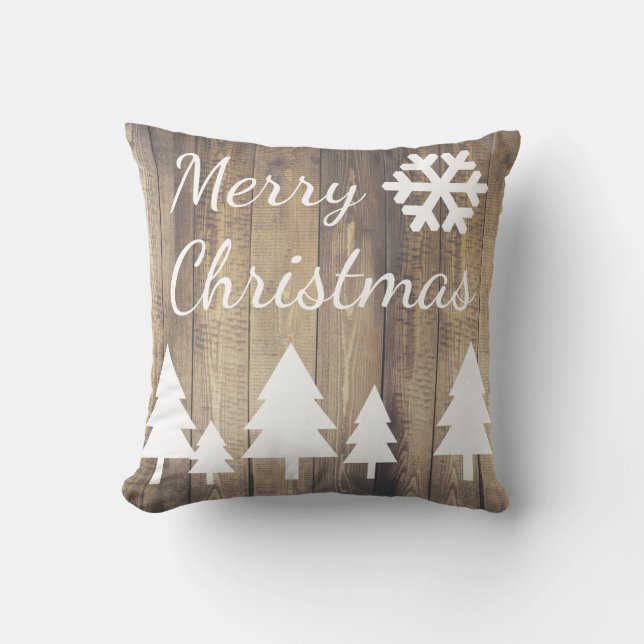 Country Barn Wood Christmas Trees Merry Christmas Cushion (Front)