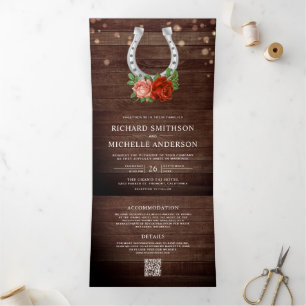Country Barn Wood Floral Horseshoe QR Code Wedding Tri-Fold Invitation
