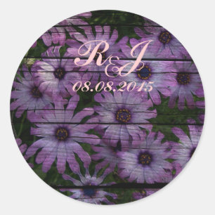 country barn wood purple daisy wedding classic round sticker