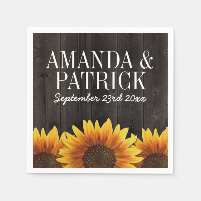 Country Barn Wood + Rustic Sunflower Wedding Napkin (Front)