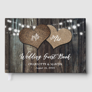 Country Barn Wood String Lights Mr. & Mrs. Wedding Guest Book