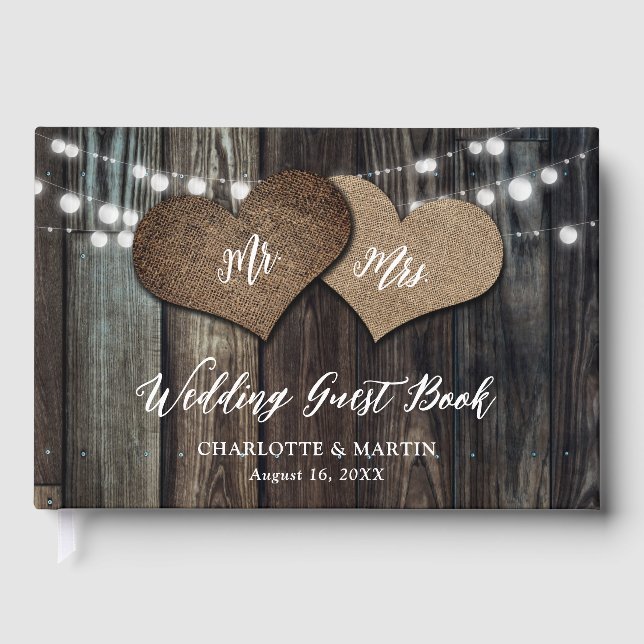 Country Barn Wood String Lights Mr. & Mrs. Wedding Guest Book (Front)