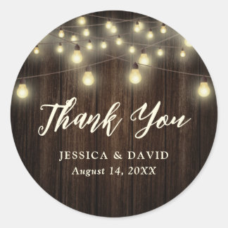 Country Barn Wood String Lights Wedding Thank You Classic Round Sticker