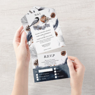 Country bird pine cone fall wedding all in one inv invitation