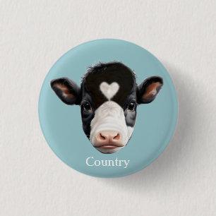 Country Black and White Cow Face on Light Blue 3 Cm Round Badge