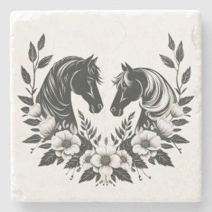 Country Black and White-Horses and Flowers Stone Coaster
