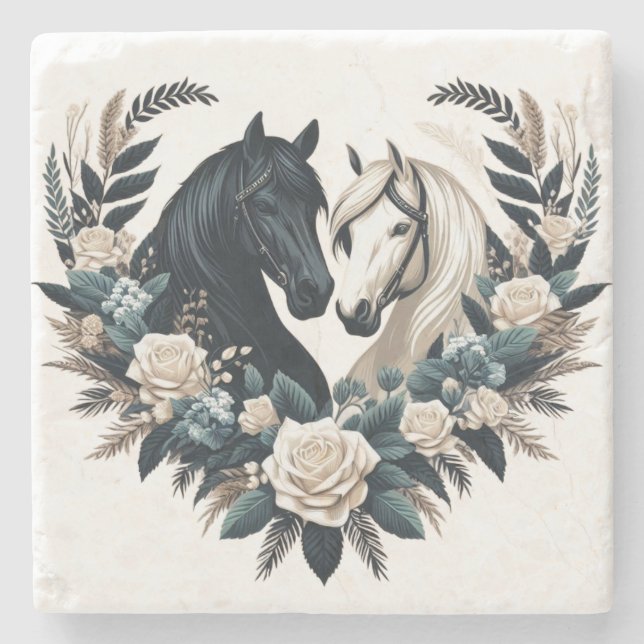 Country Black and White-Horses in Love Stone Coaster (Front)