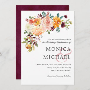 Country Bloom Burgundy Floral corner Chic Wedding Invitation