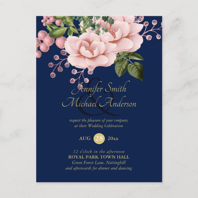 Country Blue Blush Pink Roses Wedding Ampersand Postcard (Front)