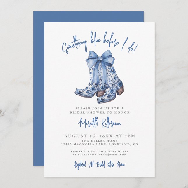 Country Blue Bow Cowboy Bridal Shower Invitation (Front/Back)