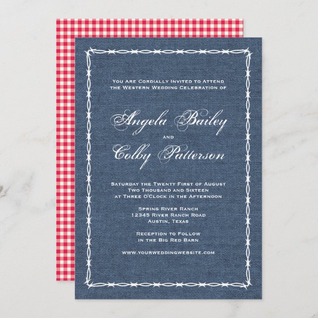 Country Blue Denim and Barb Wire Invitation (Front/Back)