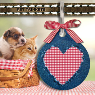 Country Blue Denim Red Gingham Heart Dog Cat Pet Tag