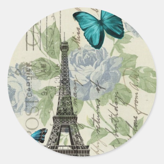 Country Blue floral butterfly paris eiffel tower Classic Round Sticker (Front)