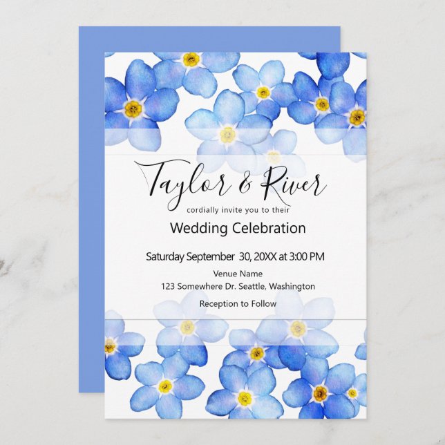 Country Blue Forget-Me-Nots Wedding Invitation (Front/Back)