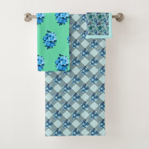 Country Blue Gingham Bouquet Pattern Towel Set