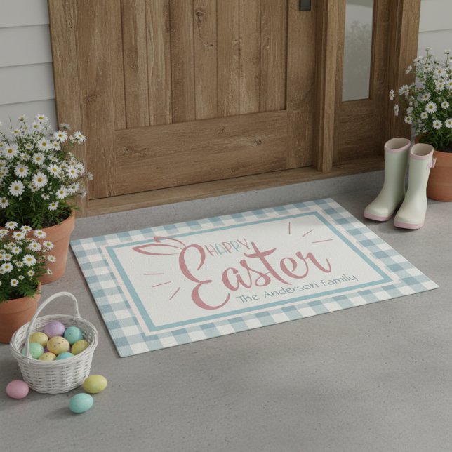 Country Blue Gingham Happy Easter Personalised Doormat (Country Blue Gingham Happy Easter Personalized Doormat)