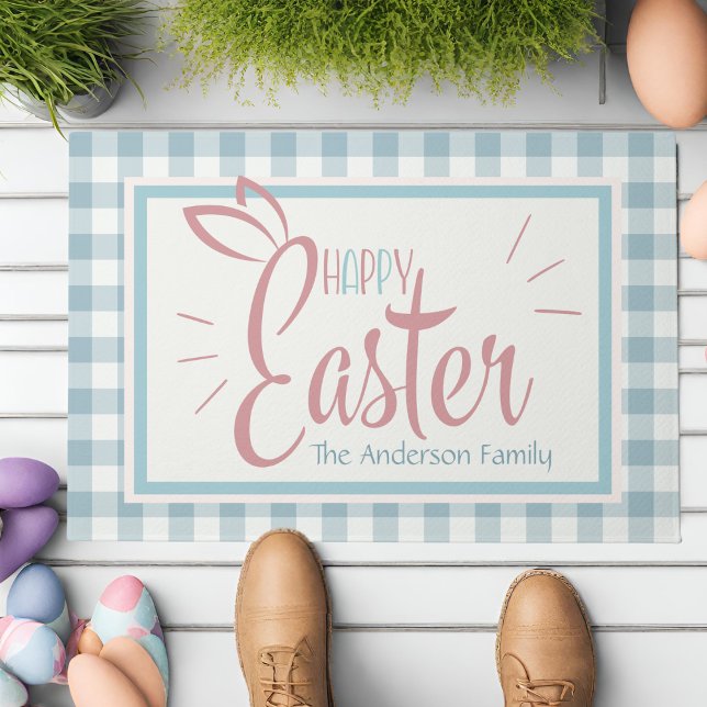 Country Blue Gingham Happy Easter Personalised Doormat (Country Blue Gingham Happy Easter Personalized Doormat)