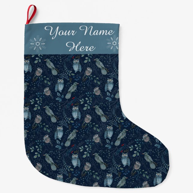 Country Blue Owl Feminine Dove Custom Name Large Christmas Stocking (Front)