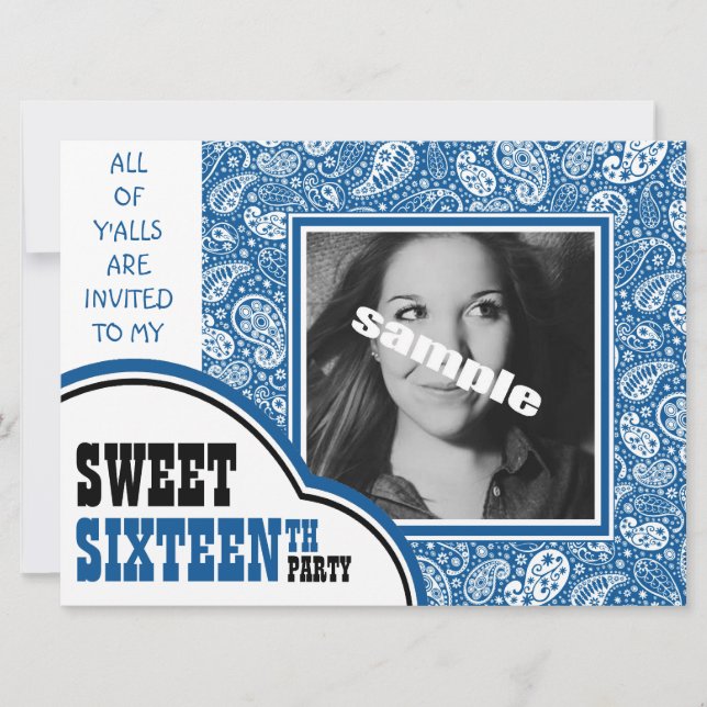 Country Blue Paisley Girl Photo Sweet 16th Party Invitation (Front)