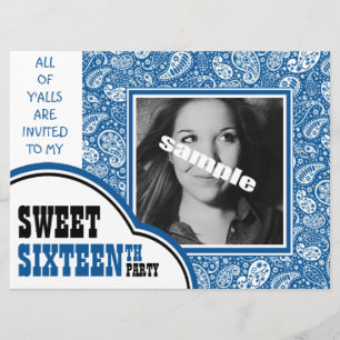 Country Blue Paisley Girl Photo Sweet 16th Party Invitation
