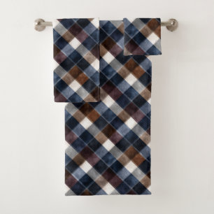 Country Blue Red White Grey Squares   Bath Towel Set