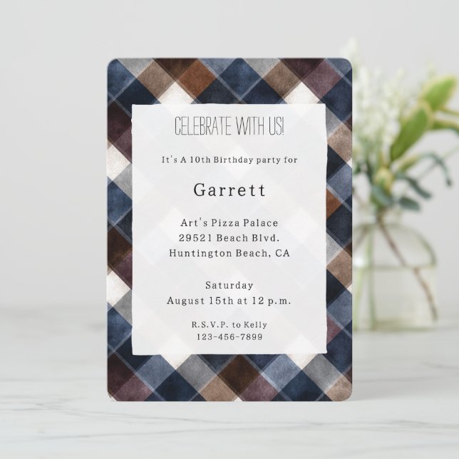 Country Blue Red White Squares Birthday Invitation (Standing Front)