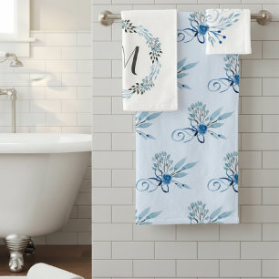 Country Blue Rose Watercolor Bath Towel Set