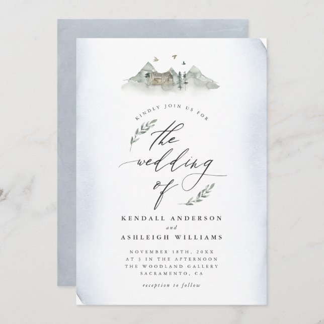 Country Blue Watercolor Leaves & Mountain Wedding Invitation (Front/Back)