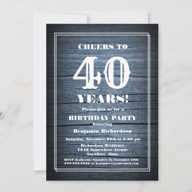 Country Blue Wood 40th Birthday Party Invitation (Front)