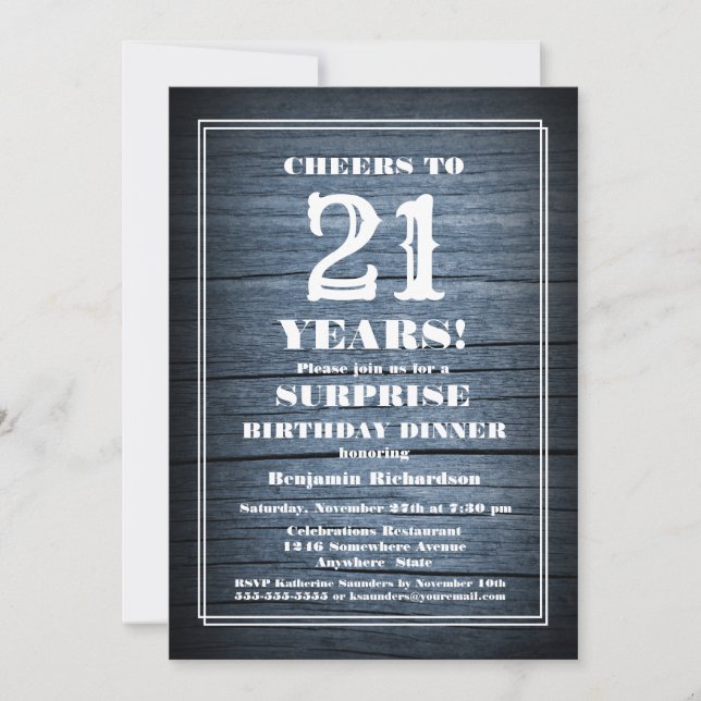 Country Blue Wood Surprise 21st Birthday Dinner Invitation (Front)