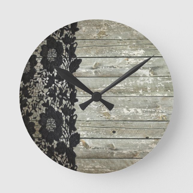 country bohemian Black lace old rustic barnwood Round Clock (Front)