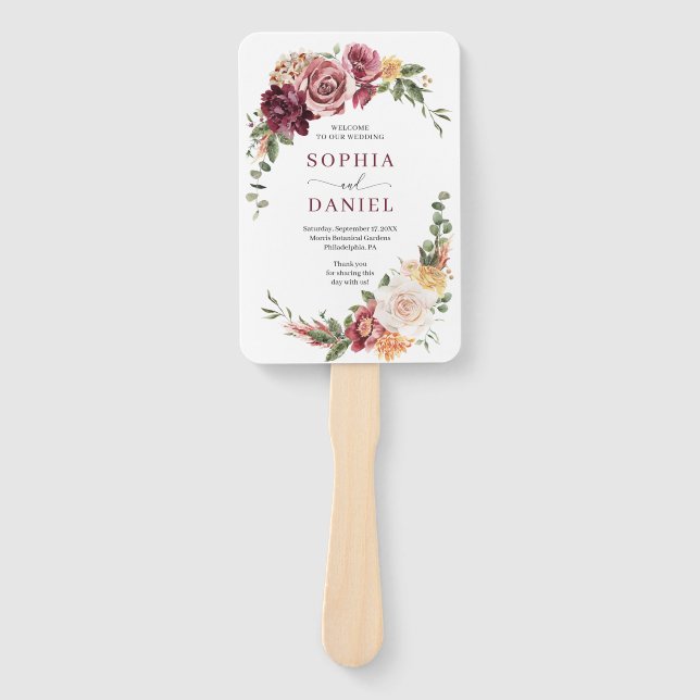 Country Boho Rose Floral Wedding Program Fan (Front)