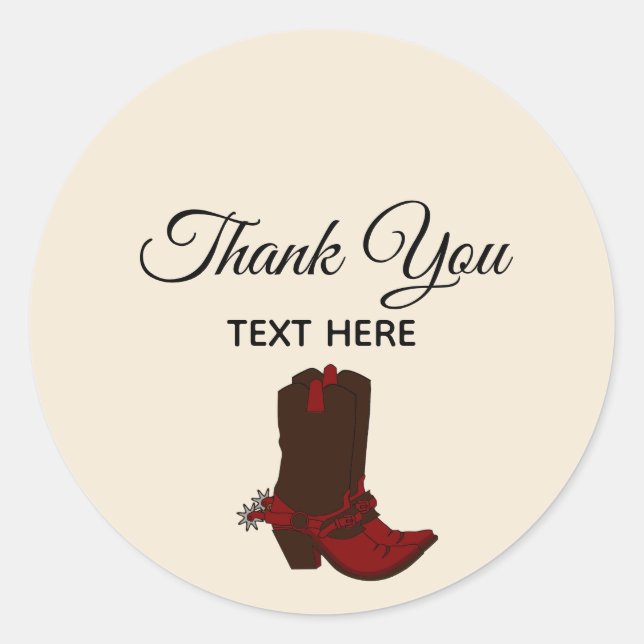 Country Boots & Calligraphy on Beige Thank You Classic Round Sticker (Front)