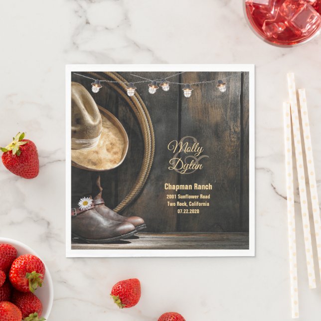 Country Boots Hat, Barn Wood Wedding Paper Napkins (Insitu)