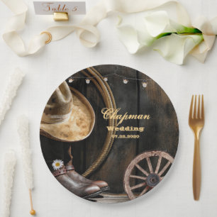 Country Boots Hat, Barn Wood Wedding Paper Plates