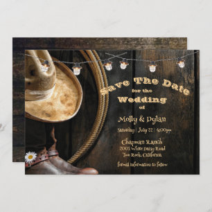 Country Boots Hat & Barnwood Save The Date Invitation