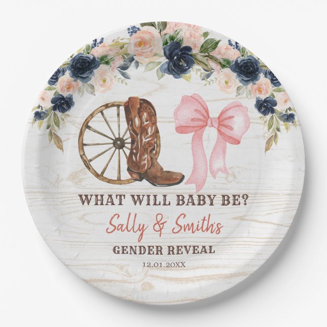 Country Boots or Bows Gender Reveal Paper Plate (Front)