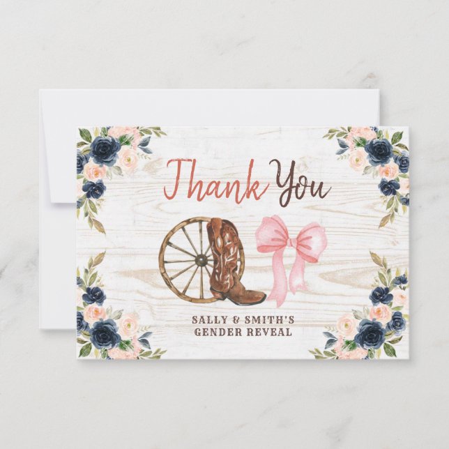 Country Boots or Bows Gender Reveal Thank You Card (Front)